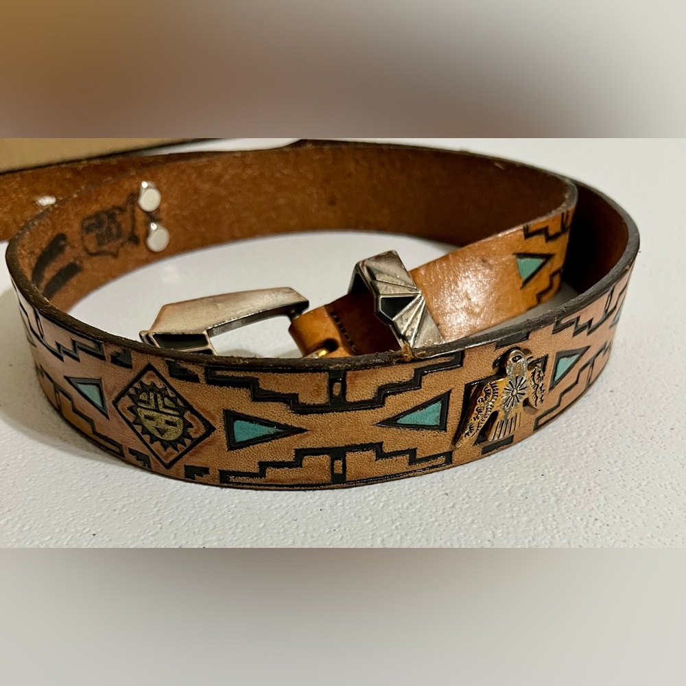 Native American Southwestern Style Tan Leather Belt with Silver Buckle - Picture 7 of 15